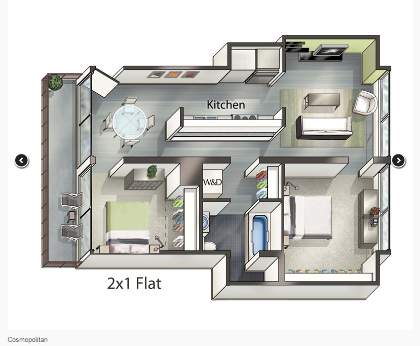 Floor plan for 2 beds, 1 bath, 829 sqft